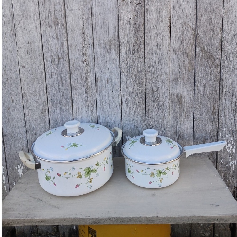 Vintage Enamel Strawberry Cookware Set White Pot and Pan Floral Pattern